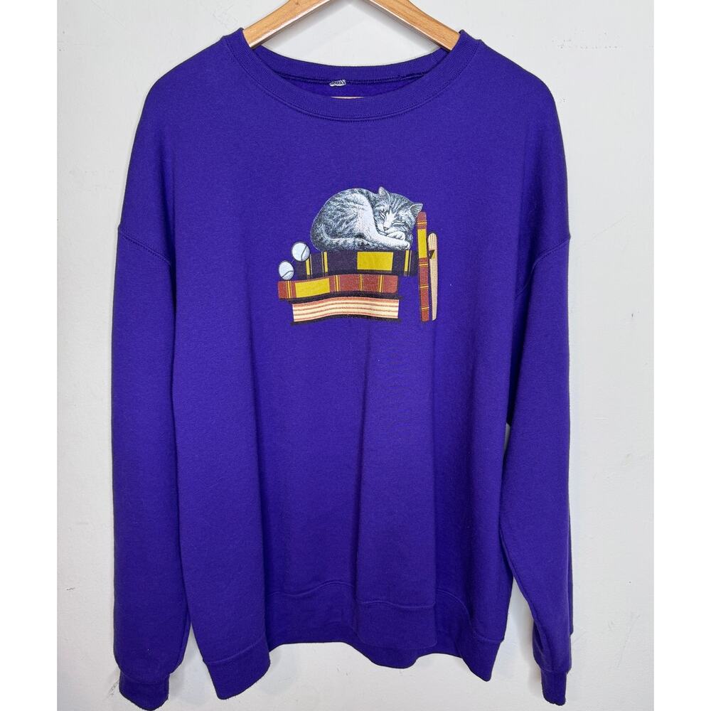 Vintagw Womens Cat Sweatshirt Purple 90S Athleisure No Tag